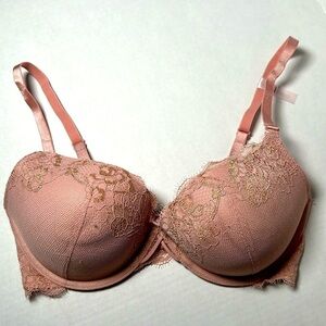 Ambrielle 34DD Bra Gold lace Plunge Push-up Contoured Cups Underwire Blush